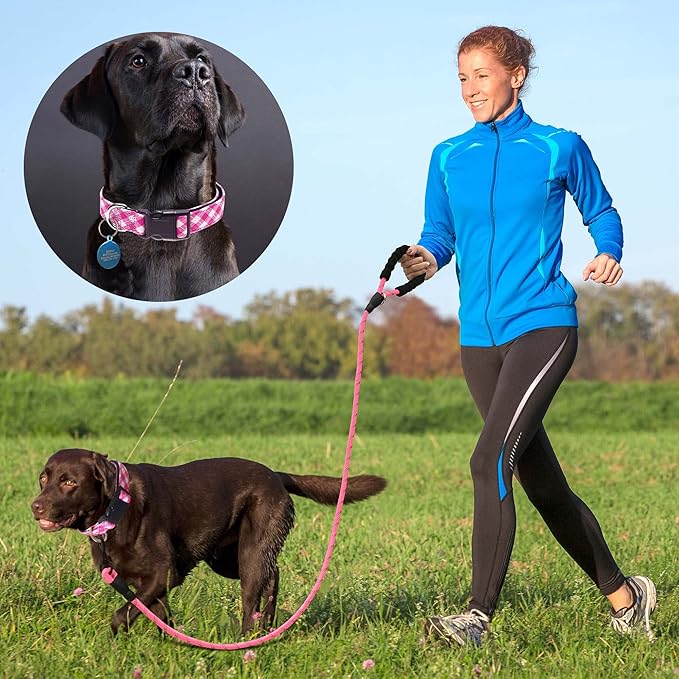 Reflective Dog Collar Padded with Soft Neoprene Breathable Adjustable Nylon Dog Collars for Small Medium Large Dogs (Medium (Pack of 1), Pink Plaid Collar+Leash)