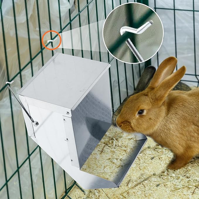 Maxcheck 2 Pcs Rabbit Feeder for Cages Small Animal Food Pellet Dispenser with Lid Metal Chicken Grit Oyster Shell Squirrel Feeders Outside(4.7 Inches,Mesh Bottom,Silver)