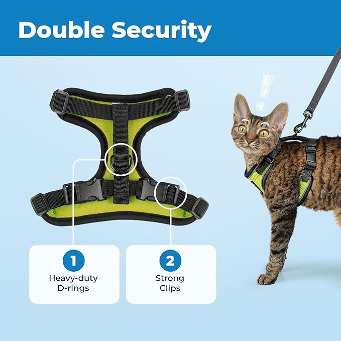 Voyager Escape-Proof Step-in Lock Cat Harness & 5ft Neoprene-Handle Leash Set All-Weather Mesh with Reflective Stitching for Small to Large Cats by Best Pet Supplies, Black Trim-Lime (327), XS