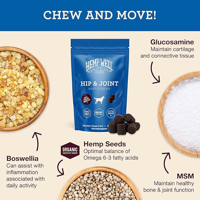 Hemp Well Hip and Joint Soft Chews – Best Joint Supplement for Dogs, Organically Sourced with Hemp, Glucosamine, Chondroitin and Breed Dogs,
