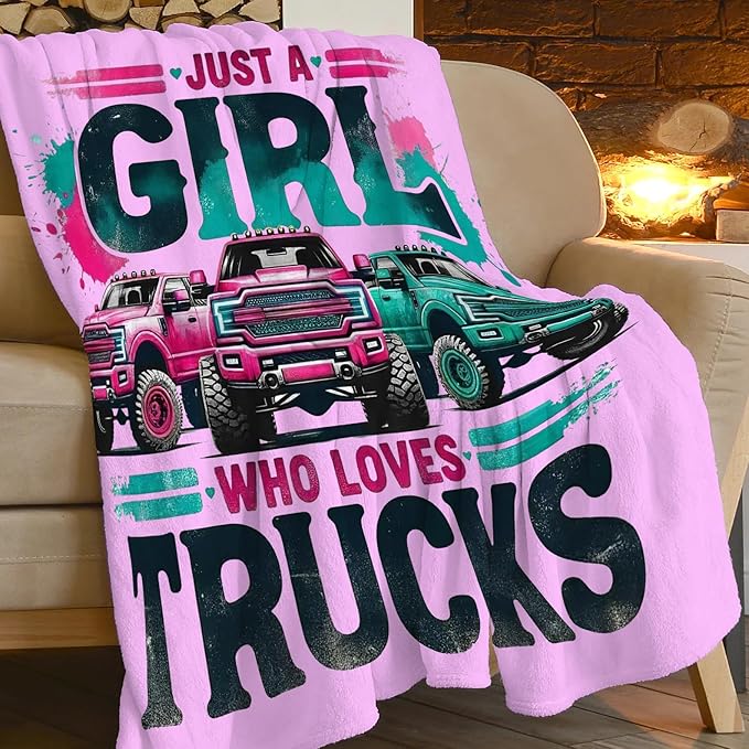 SweetFox Just A Girl Who Loves Trucks Blanket, Truck Decor Throw Blanket Gifts for Girls Boys Lovers Super Warm Soft Plush Fleece Flannel Winter Bedding Blankets for Kids Adults Men Women 50"X40"