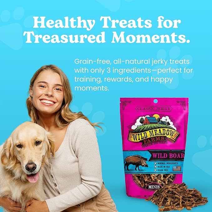 Wild Meadow Farms Classic Wild Boar Dog Minis - Soft Jerky Training Treats for Dogs, Grain-Free, All-Natural & Perfectly Sized for Training, High-Value Rewards in a Convenient 3.5 Ounce Pouch