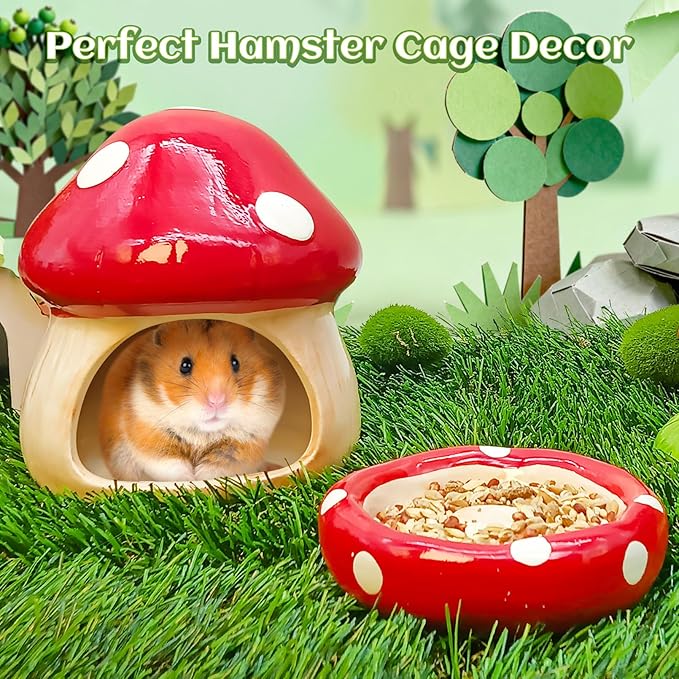 BNOSDM Ceramic Hamster Hideout and Food Bowl Set Cute Mushroom Shape Hamster House and Habitat Cool Hamsters Hide Suitable for Syrian, Mice, Dwarf Hamsters, Gerbils (Red)