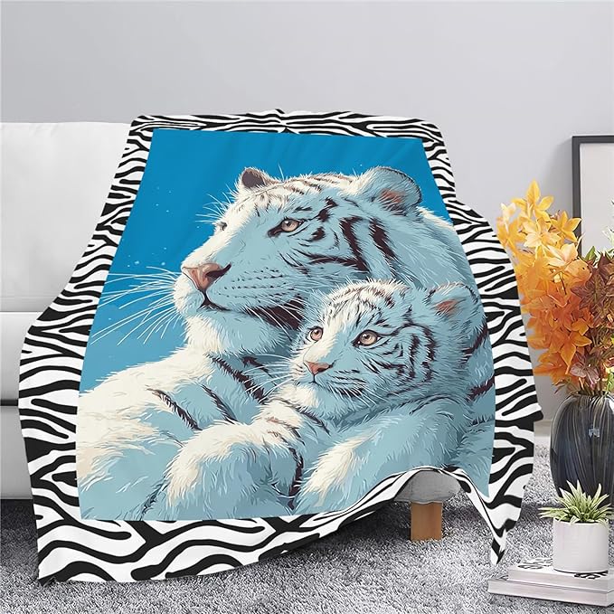White Tiger Throw Blanket White Tiger Stuff Gifts for Kids Girls Boys Adults Women Men Soft Cozy Warm Plush Fluffy Fuzzy Fleece Blanket Decor 60''X80''
