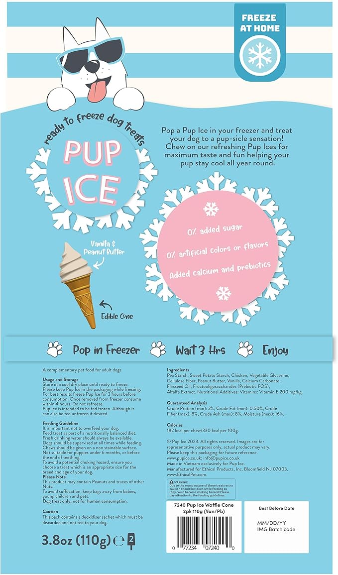 SPOT Pup Ice- Ready to Freeze at Home Dog Treats-Edible Chews for Medium Breed Dogs & Puppies with Real Chicken to Keep Your Pup Cool Year Round, Waffle Cone Vanilla and Peanut Flavor, 2pcs