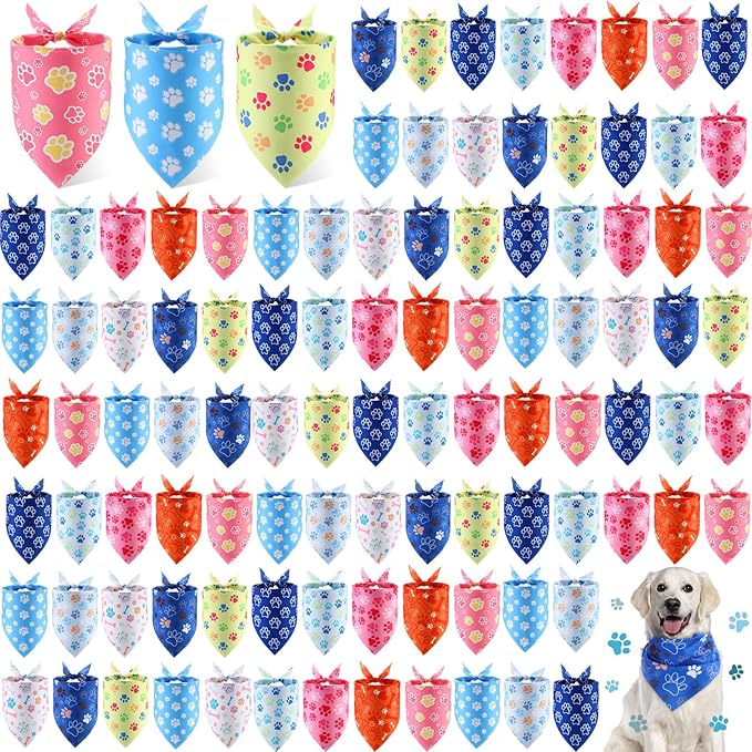Shyyween 100 Pieces Paw Print Dog Bandanas Bulk Paw Bandanas for Dogs Winter Soft Bibs Adjustable Triangle Doggie Scarves for Small Medium Large Pets Party Costume