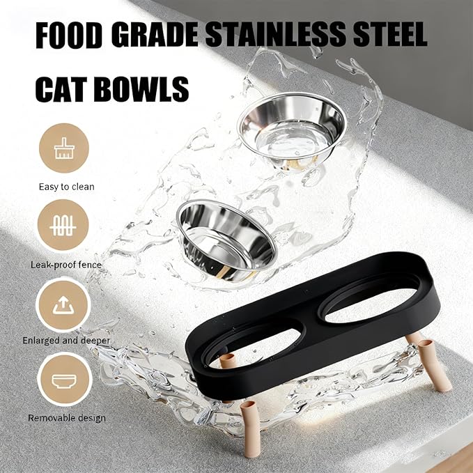Elevated Cat Bowls, 2 Stainless Steel Raised Cat Food and Water Bowl Set, Splash Proof & Non-Slip, Whisker Fatigue Friendly, Dishwasher Safe for Cats and Small Dogs - Black