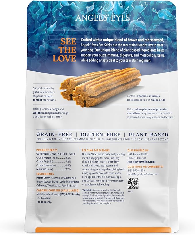 Angels’ Eyes Sea Sticks Tear Stain Friendly Daily Dog Treats with Red & Brown Seaweed Tear Stain, Gut Health, & Metabolic Support Grain-Free, Gluten-Free, Plant-Based North Sea Large 6ct