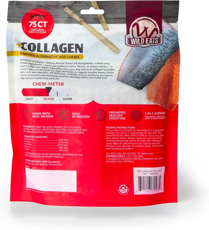 Wild Eats Salmon Collagen Sticks for Dogs (75 Pack, 0.6 cm Wide) Long Lasting Dog Chews No Hide Dog Treat Bully Stick Alternative, Rawhide Free, Grain Free, High Protein