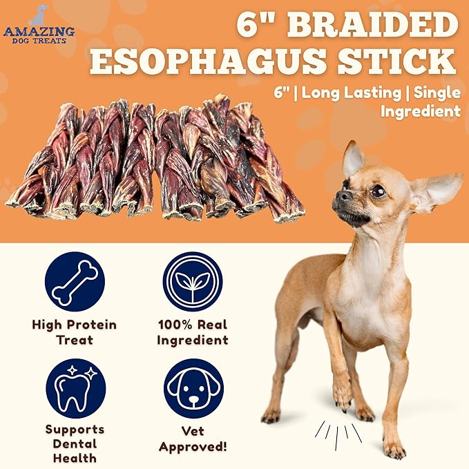 Amazing Dog Treats - 6 Inch Braided Gullet Stick (8 Pc/Pack) - Dog Jerky Treats - Beef Esophagus -Gullet for Dogs - Beef Esophagus Dog Treats