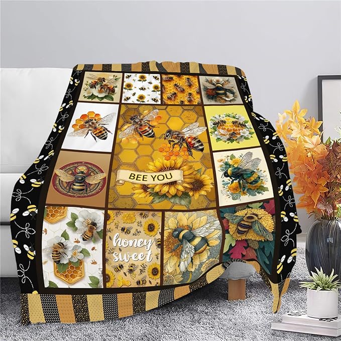 Bee Throw Blanket Bee Stuff Gifts for Kids Girls Boys Adults Women Men Soft Cozy Warm Plush Fluffy Fuzzy Fleece Blanket Decor 50''X60''