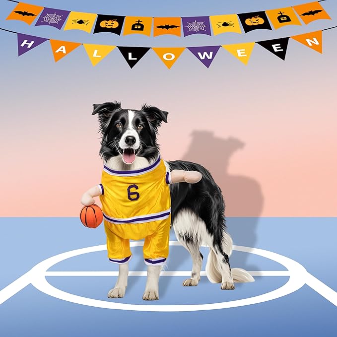 DELIFUR Dog Basketball Player Costume - Pet Halloween Costume Adjustable Funny Dress Up Sports Outfit Cosplay Clothes for Small Medium Dog (Yellow Basketball, Small)