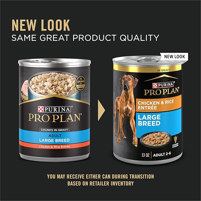Purina Pro Plan Gravy Wet Dog Food for Large Dogs,Large Breed,Chicken and Rice Entrée - 13 oz. Cans,(Pack of 24)