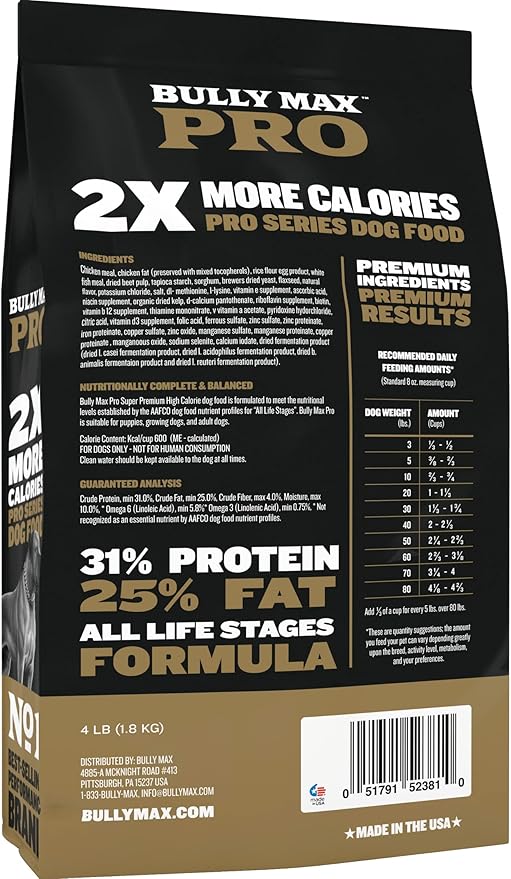 Bully Max Pro 2X High Calorie & High Protein Dry Dog Food for Puppy & Adult Dogs - Healthy Weight Gain & Muscle Building for Small & Large Breeds - Slow-Cooked, 600 Calories/Cup, Chicken Flavor, 4lb.