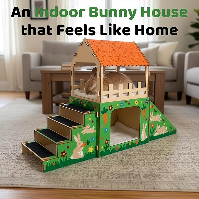 OtterPets Extra Large Bunny Hideout, Cozy Rabbit Castle with Fleece Mats, Wooden Rabbit Hideout, Bunny House Indoor Indoor, Chinchilla, Guinea Pig House (DIY Paint Kit)