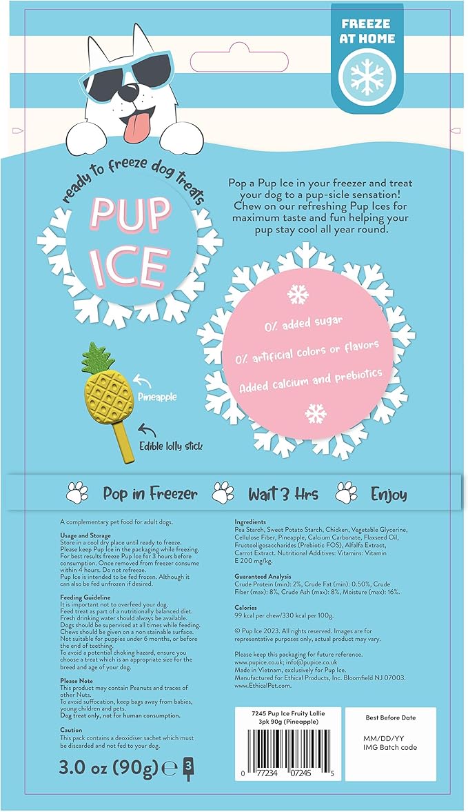 Pup Ice- Ready to Freeze at Home Dog Treats-Edible Chews for Small Breed Dogs & Puppies with Real Chicken to Keep Your Pup Cool Year Round, Fruity Lollies Pineapple Flavor, 3pcs