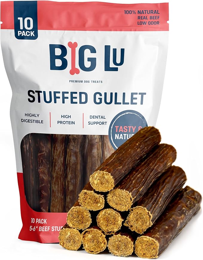 Big Lu - 5-6 Inch Stuffed Beef Jerky Sticks, 10 Count, Premium All-Natural Gullet Chews, High-Protein, Easily Digestible, Supports Dental Health and Joint Mobility