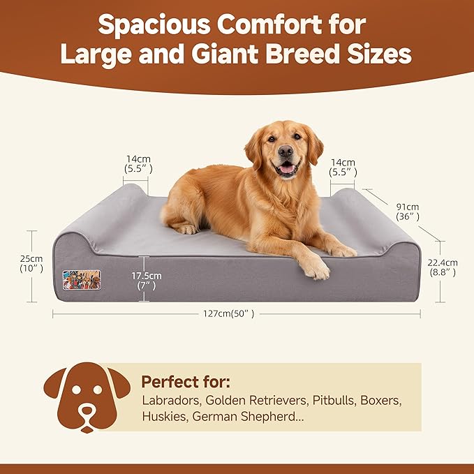 Sytopia 7" Thick Orthopedic Dog Beds for Extra Large Dogs, 35D Memory Foam Dog Beds with Durable Waterproof Liner & Removable Washable Cover & Smart Design, Supports up to 150 lbs, Grey