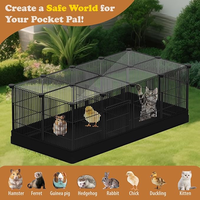 22 Panels Small Animal Playpen, Rabbit Cage with Doors & Waterproof Mat, Metal Wire Yard Fence, The Guinea Pig Cages for Hamsters, Chicken, Hedgehogs, Indoor Outdoor C&C Cage (22PCS-Black-with mat)
