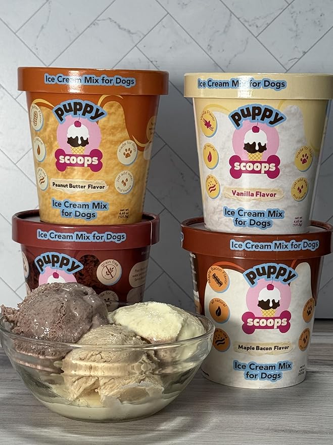 Puppy Scoops Dog Ice Cream Mix Variety Pack, 4 Flavors, 4.65 oz Each – Just Add Water and Freeze at Home, Powder Mix with Ice Cream Cup and Reusable Lid. Made in USA