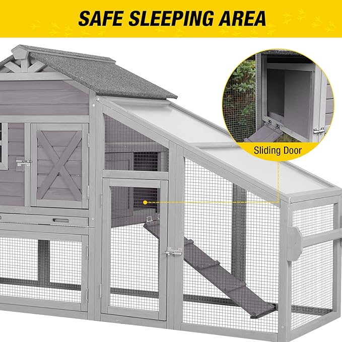 Aivituvin Chicken Coop Mobile Chicken House on Wheels Expandable Wooden Poultry Cage with Large Nesting Box Leakproof Pull-Out Tray Rabbit Hutch Bunny Cage,UV-Resistant Roof (Grey，AIR32)
