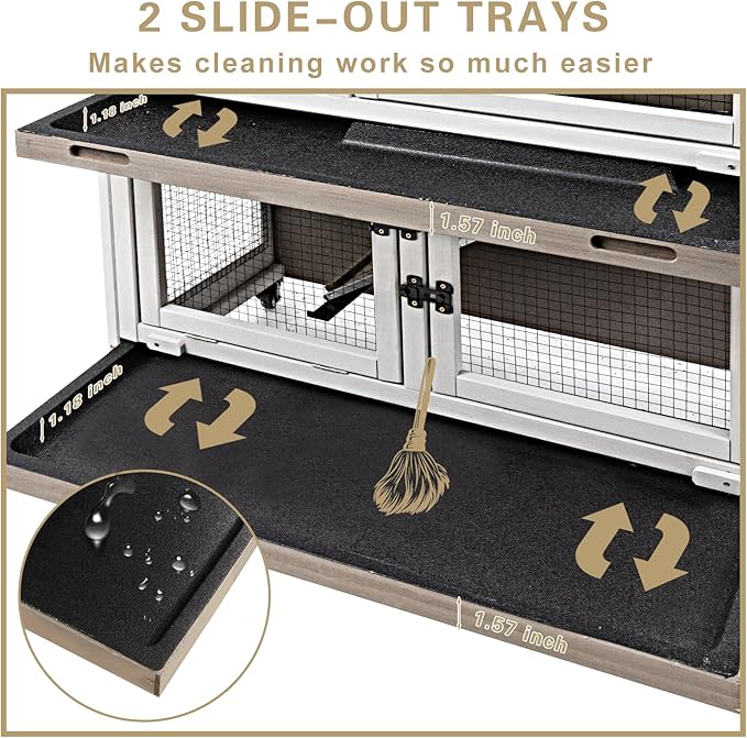Ketive 36" L Rabbit Hutch Indoor with 4 Metal Wheels, 2-Story Wooden Bunny Hutch Outdoor Bunny Cage, 2 Deeper Pull-Out Trays, Ramp, Rabbit Cage Guinea Pig Pet House for Small Animals