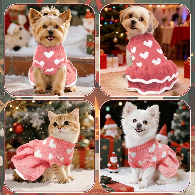 Dog Sweaters Heart Knitted Sweaters Dress Winter Coat Puppy Warm Holiday Clothes for Medium Dogs Cats Christmas New Year Valentine's Day （Medium, Pink）