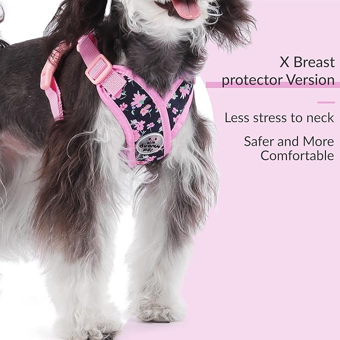 Patas Lague Dog Harness with Leash Set Adjustable Soft Padded Step-in Dog Vest No Choke No Pull Reflective for Small Pets with Poop Bags and Dispenser, Solid and No-chew, Floral Pink XS