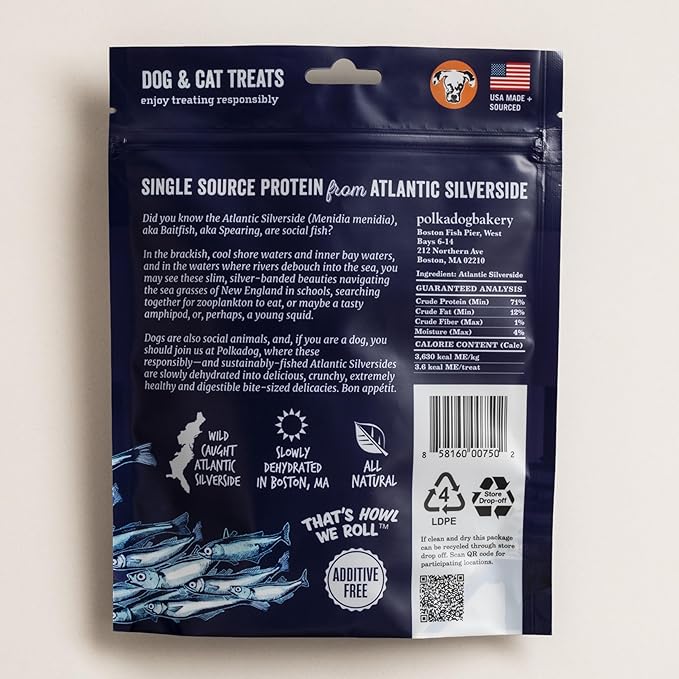 Polkadog Atlantic Silverside Whole Fish Dog Treats - All Natural, Single Ingredient Crunchy Premium Treats for Dogs, Wild Caught Fish, Great for Allergies, Handcrafted in USA - 2.5oz (1pk)