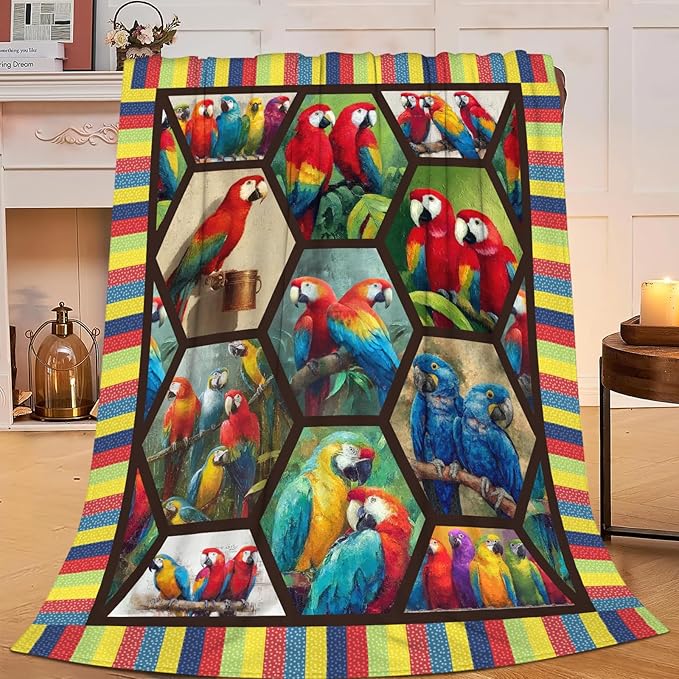 Parrot Bird Throw Blanket Macaw Stuff Gifts for Kids Girls Boys Adults Women Men Soft Cozy Warm Plush Fluffy Fuzzy Fleece Blanket Decor 60''X80''
