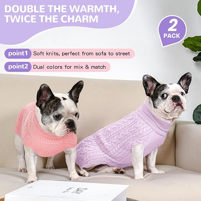 2 Pack Dog Sweaters for Medium Dogs Winter Turtleneck Pullover Cable Knit Fleece Stretch Frenchie Dachshund Pug Corgi Beagle Boy Girl Pet Clothes (M, Pink & Purple)