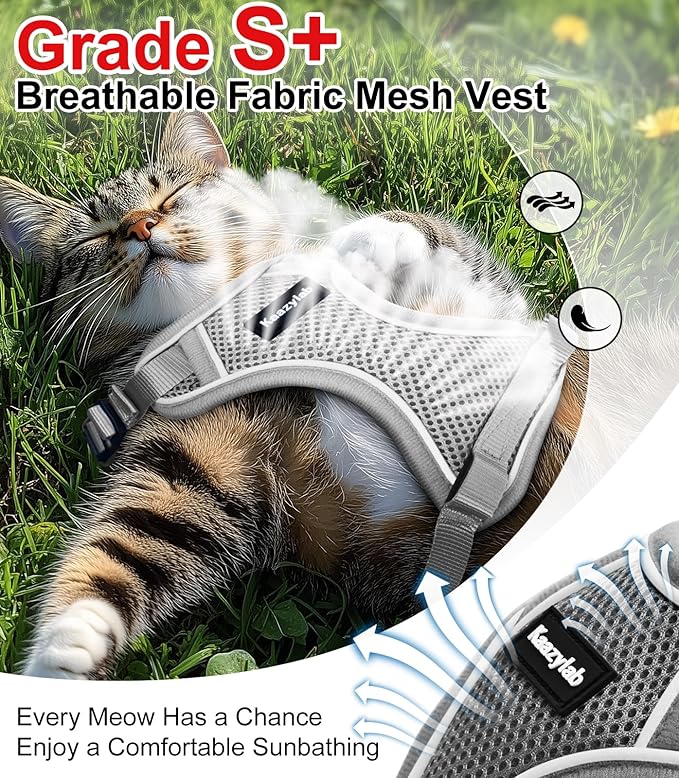 Cat Harness and Leash for Walking Escape Proof Soft Adjustable Cat Leash Breathable Comfortable Vest Easy to Wear Kitten Harness for Outdoor Travel (Grey, XS (4-6lb))