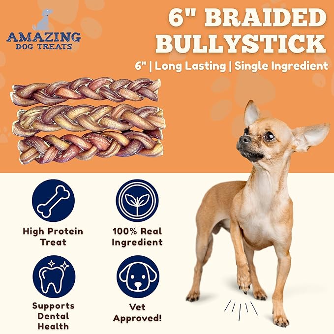 Amazing Dog Treats 6" Braided Bully Stick (5 Pcs/Pack) Bully Stick for Dogs - Made from Premium Grass Fed Beef