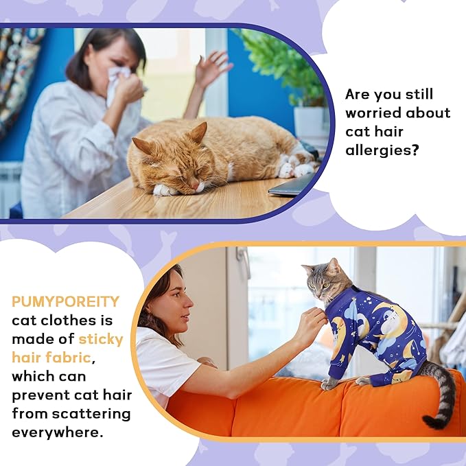 PUMYPOREITY Cat Recovery Suit, Stops Wound Licking After Surgery, Sticky Hair Shirt with Sticky Fabric, Cat Pajamas Prevents Over-Grooming, Kitten Onesie - Soft & Machine Washable, Blue, S