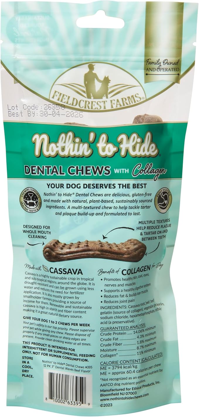 Fieldcrest Farms Dental Chews for Dogs, Wave (3inches, 12count Pack) – Tackles Plaque, Tartar, Promotes Dental Health – w/Collagen, Gluten-Free, for Aggressive Chewers up to 15lbs