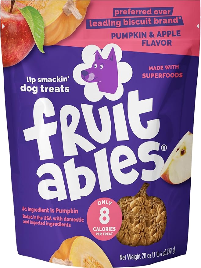 Fruitables Baked Dog Treats, Healthy Pumpkin Treat for Dogs, Low Calorie & Delicious, Pet Essential, Made with No Wheat, Corn & Soy, Made in the USA, Allergy Friendly, Pumpkin and Apple Flavor, 20 oz