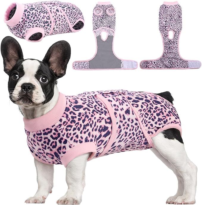 Kuoser Dog Surgery Suit, Comfy Dog Recovery Suit Female Doggie Onesie for Surgery, Post Op Protective Onesie, Soft E-Collar Alternative for Cats & Puppies, PinkLeopard XS
