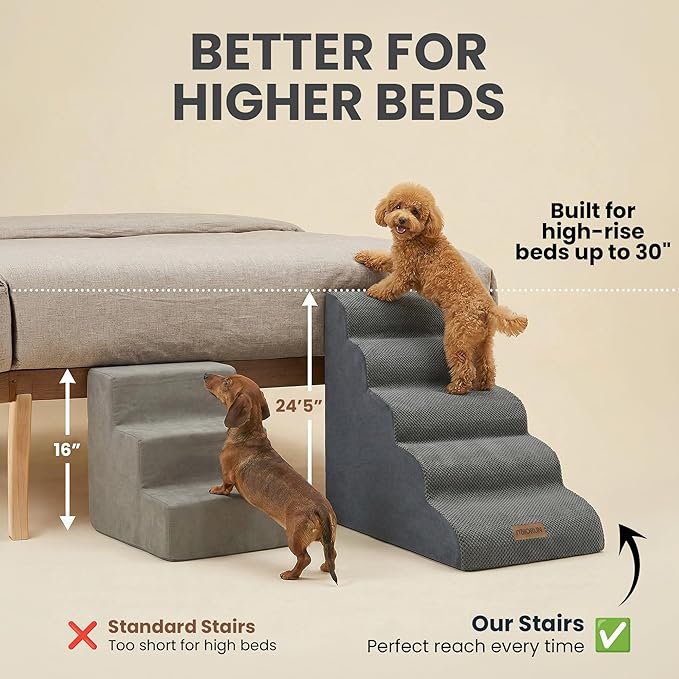 Dog Stairs for High Beds Up to 30", Extra-Tall 5-Step Dog Steps for Bed, 24.5" Tall Foam Pet Stairs for Small & Medium Dogs, Gentle Slope Cat Ramp for Bed with Washable Cover