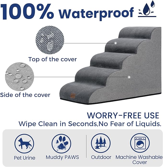 GoGoBunny Ramp Dog Stairs for High Beds 24.4" H, 5-Step Extra Wide Dog Slope Stairs with Durable Waterproof Fabric Cover, Pet Steps for Old Large Dogs Climbing, Non-Slip Sturdy Indoor Step, Grey