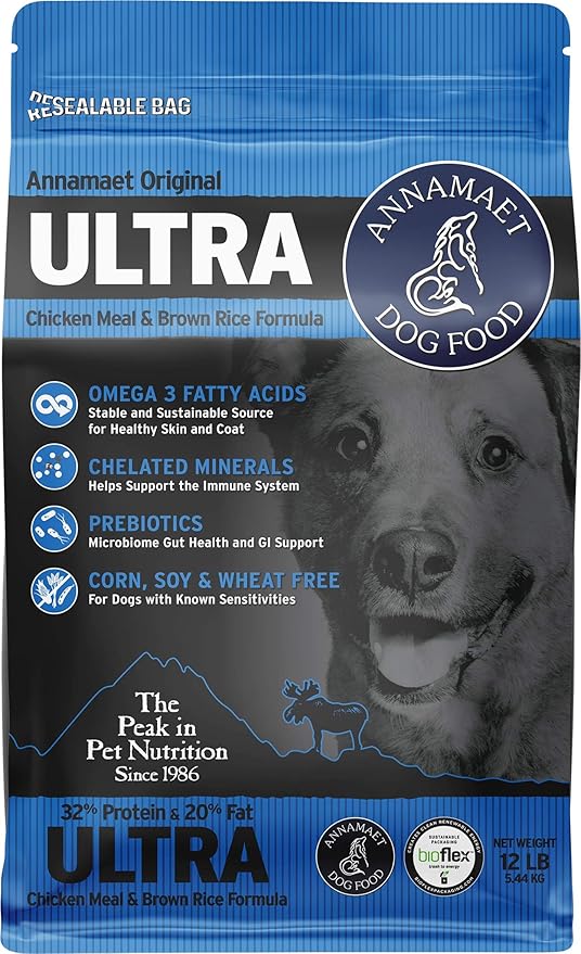 Annamaet Original Ultra Formula Dry Dog Food, 32% Protein (Chicken & Brown Rice), 12-lb Bag