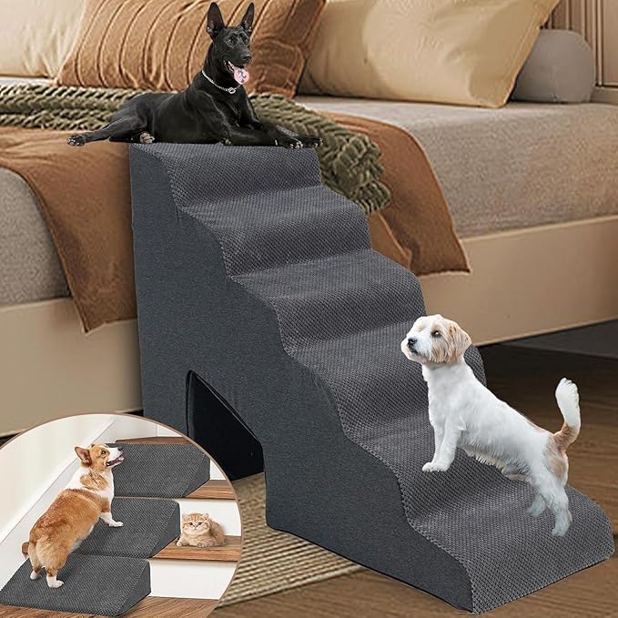 Dog Stairs for High Beds 30-36 inches Tall, 6-Step Dog Steps for Small Dogs Senior Dogs & Cats, 6 Steps Memory Foam Pet Steps with 3 Ramps, Non-Slip Removable Washable Cover, Grey