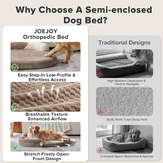 JOEJOY Orthopedic Dog Beds Large Sized Dog, Washable Waterproof Oval Large Dog Bed with Removable Cover, Big Egg-Crate Memory Foam Pet Bed with Bolster Sides & Non-Skid Bottom, Brown, 36''x27''