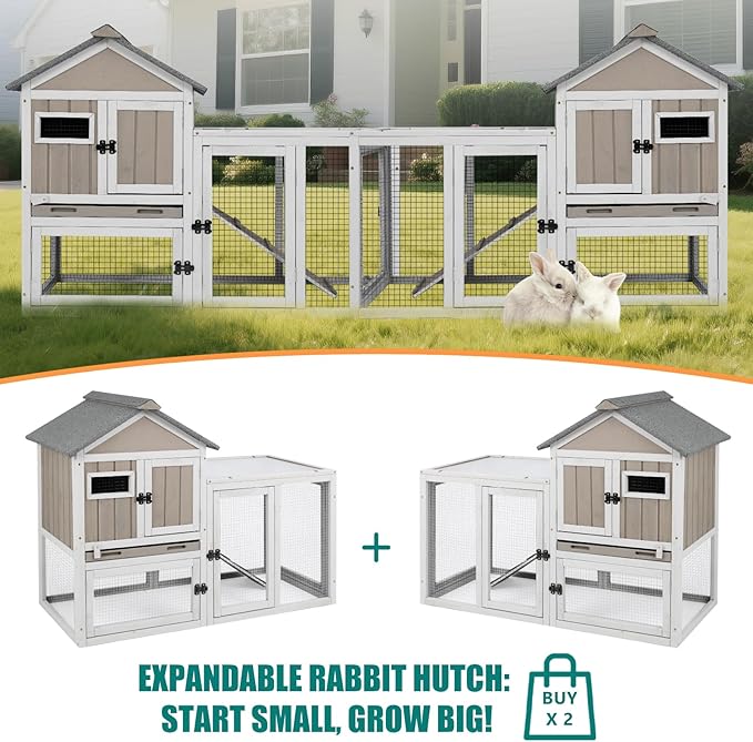 48" L Rabbit Hutch Indoor and Outdoor 2-Story Rabbit Cage with Pull Out Tray,Fir Wood Pet House with Wooden Ramp,Waterproof Bunny Cage Indoor with 2 Asphalt Roofs,Grey
