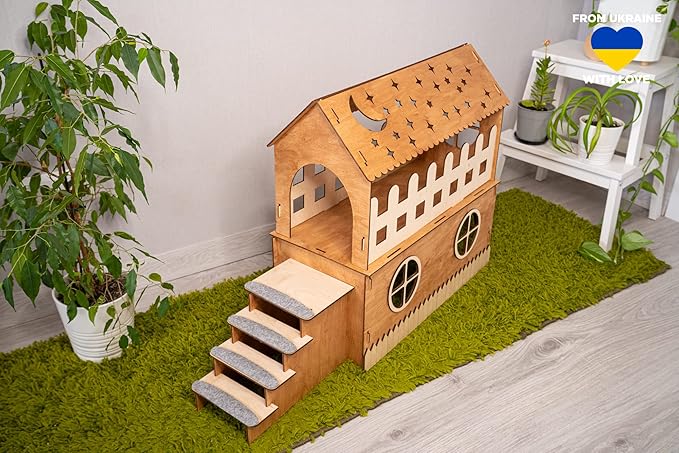 Wooden rabbit house, bunny сastle with pillow, Add your pet's name for FREE (Add 1 pillow)