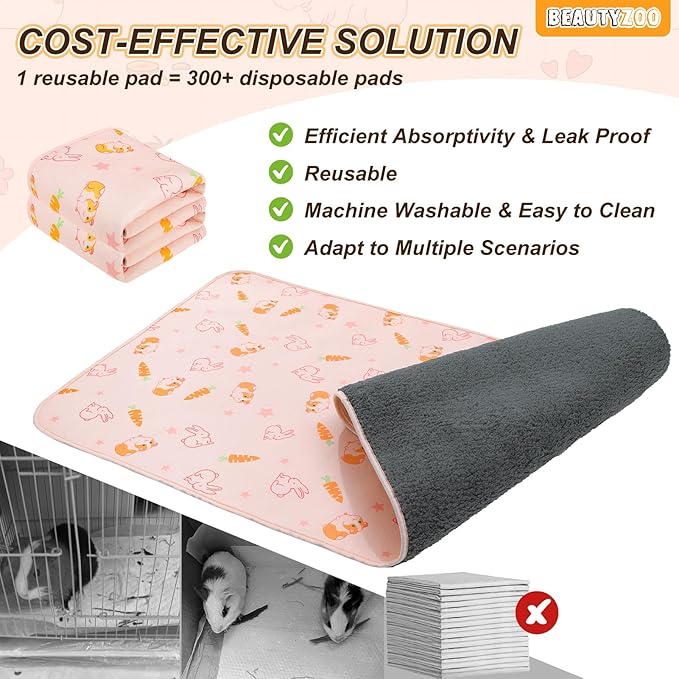 BEAUTYZOO 2 Pack Guinea Pig Cage Liners, Washable Reversible Fleece Guinea Pig Bedding, Waterproof Super Absorbent Pee Pads for Small Animals Rabbit Hamster Bunny - 16"x24" Pink