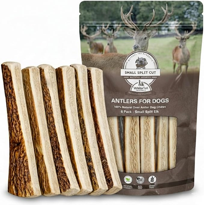 Whitetail Naturals Split Elk Antler Dog Chews (6 Pack, Small) Long-Lasting Bones for Aggressive Chewers, Odor-Free Half-Cut Elk Antlers for Dogs