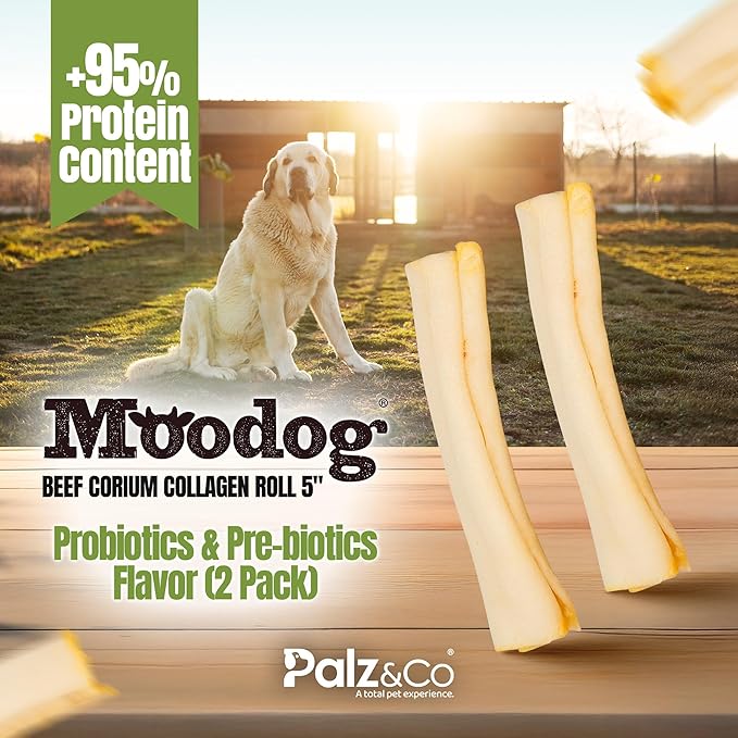 Palz&Co Moodog Beef Corium Collagen Roll 5" Oat Flavor with Pre/Pro-Biotics, 2 Pack - 100% Natural Dog Treat, Supports Gut Health, Made in USA, Crunchy & Chewy