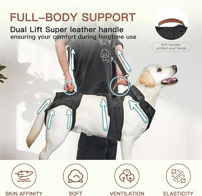Dog Lift Harness, Full Body Dog Harness with Handle for Lifting, Front/Back Leg Support, Prevent Chafing Pee-Able Design, 2-in-1 Detachable Dog Assist Harness for Senior Disabled Dogs Up to 55lb