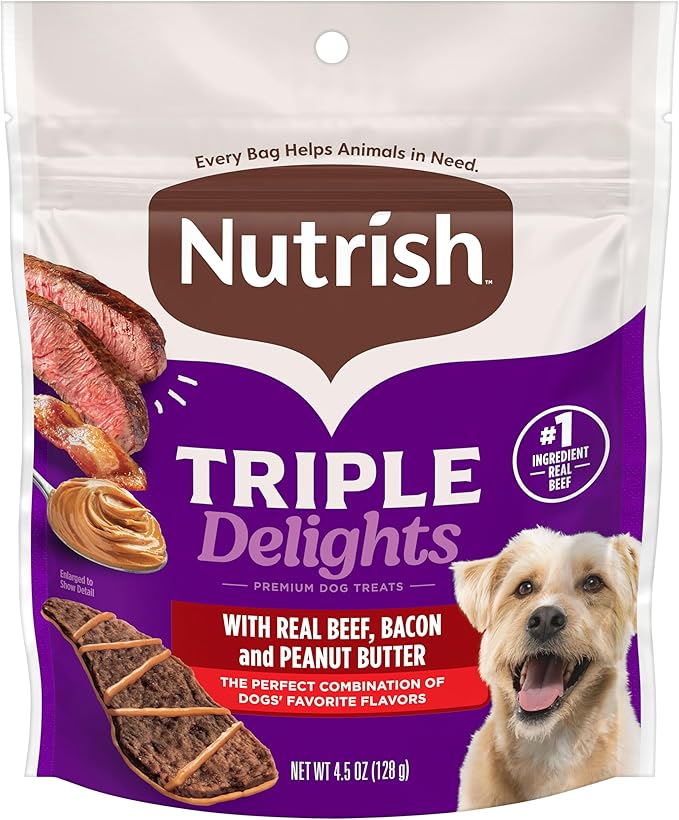 Nutrish Triple Delights Premium Dog Treats with Real Beef, Bacon, and Peanut Butter, 4.5 oz. Pouch, Pack of 5