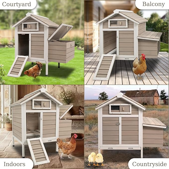Ketive Chicken Coop Chicken House Outdoor with Removable Trays, Wooden Rabbit Hutch Poultry Cage with Nesting Box, Indoor Hen House Chicken Cage with Ramp for Garden Backyard (32"L x 23.6"W x 36.6"H)
